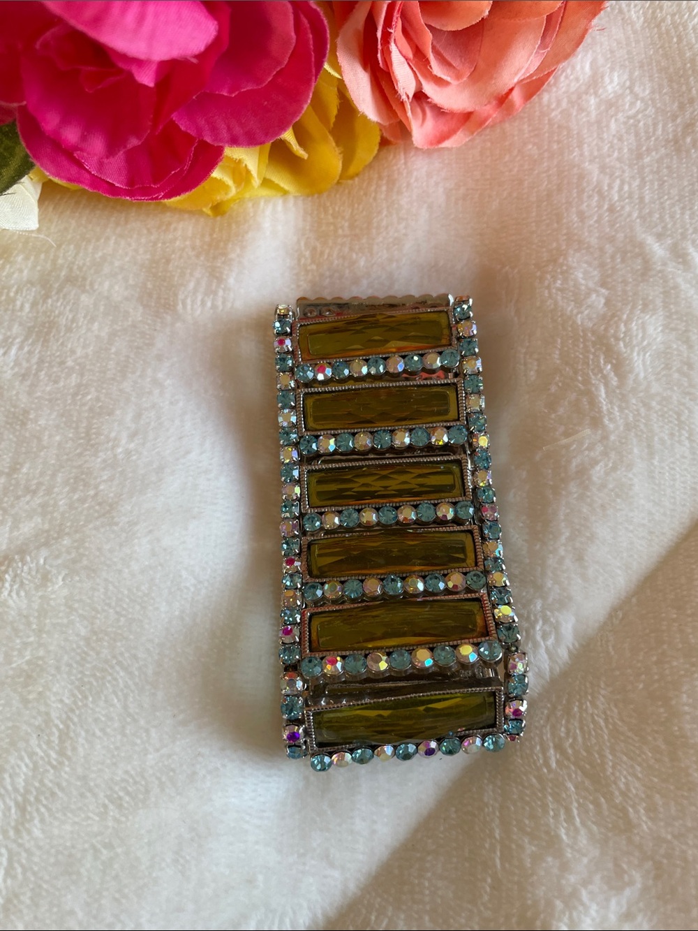 JCChina Iridescent Rhinestones Silver Wide Green Panel Stretch Bracelet Crystals - Picture 4 of 11